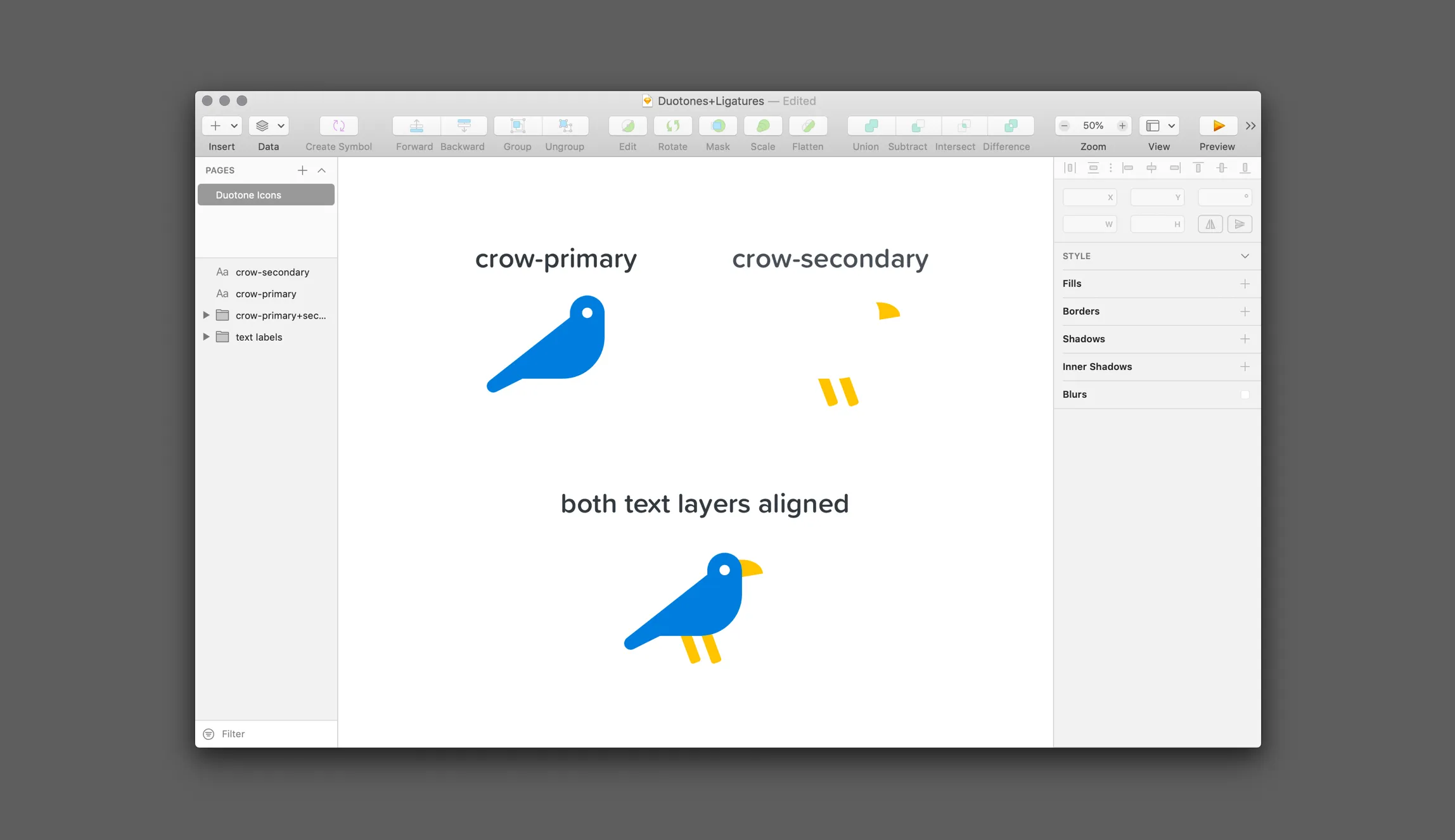 Adding a crow icon's primary and secondary glyphs in different text layers and then visually aligning them