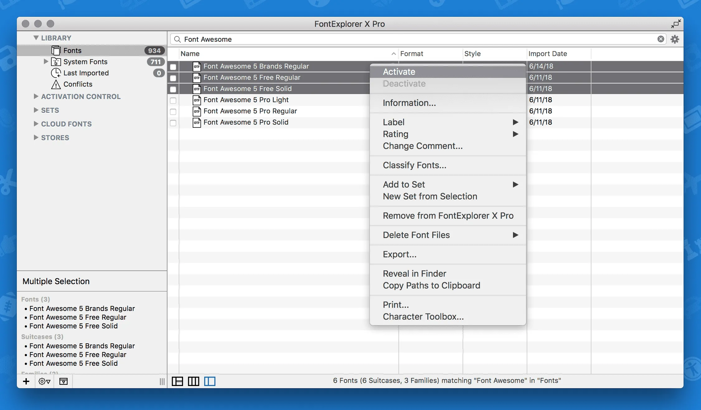Font Awesome 5 Free installed and being activated in Font Explorer X on Mac OS X