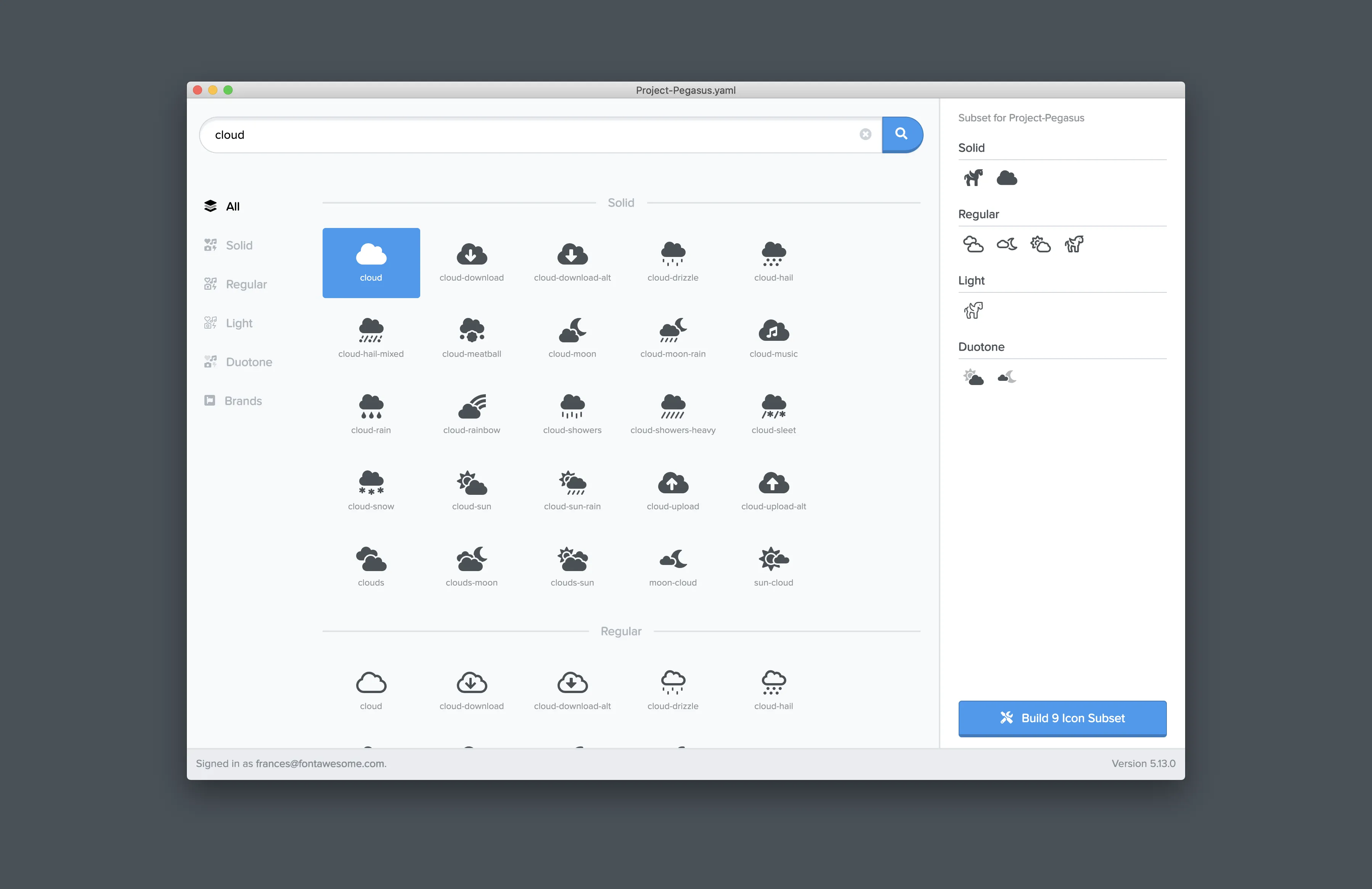 A cloud icon is selected to be included in the subset.