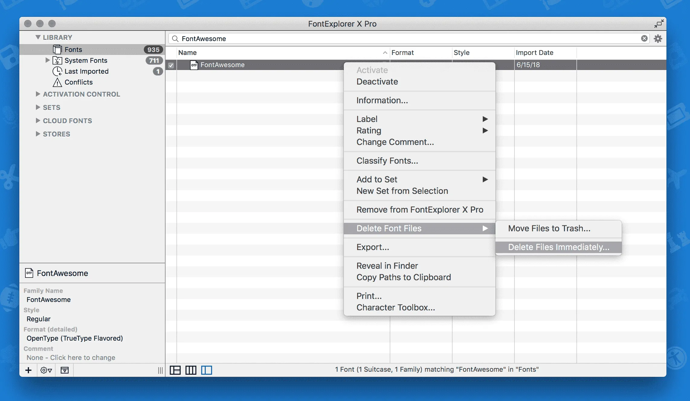 Deleting Font Awesome 4's .ttf in Font Explorer X on Mac OS X
