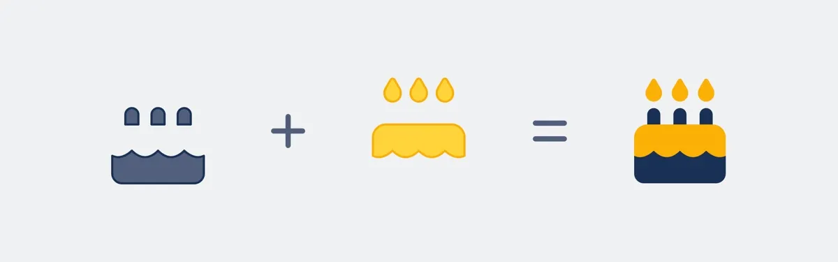 Diagram showing two separate pieces of a birthday cake icon, and how they no no overlap when combined