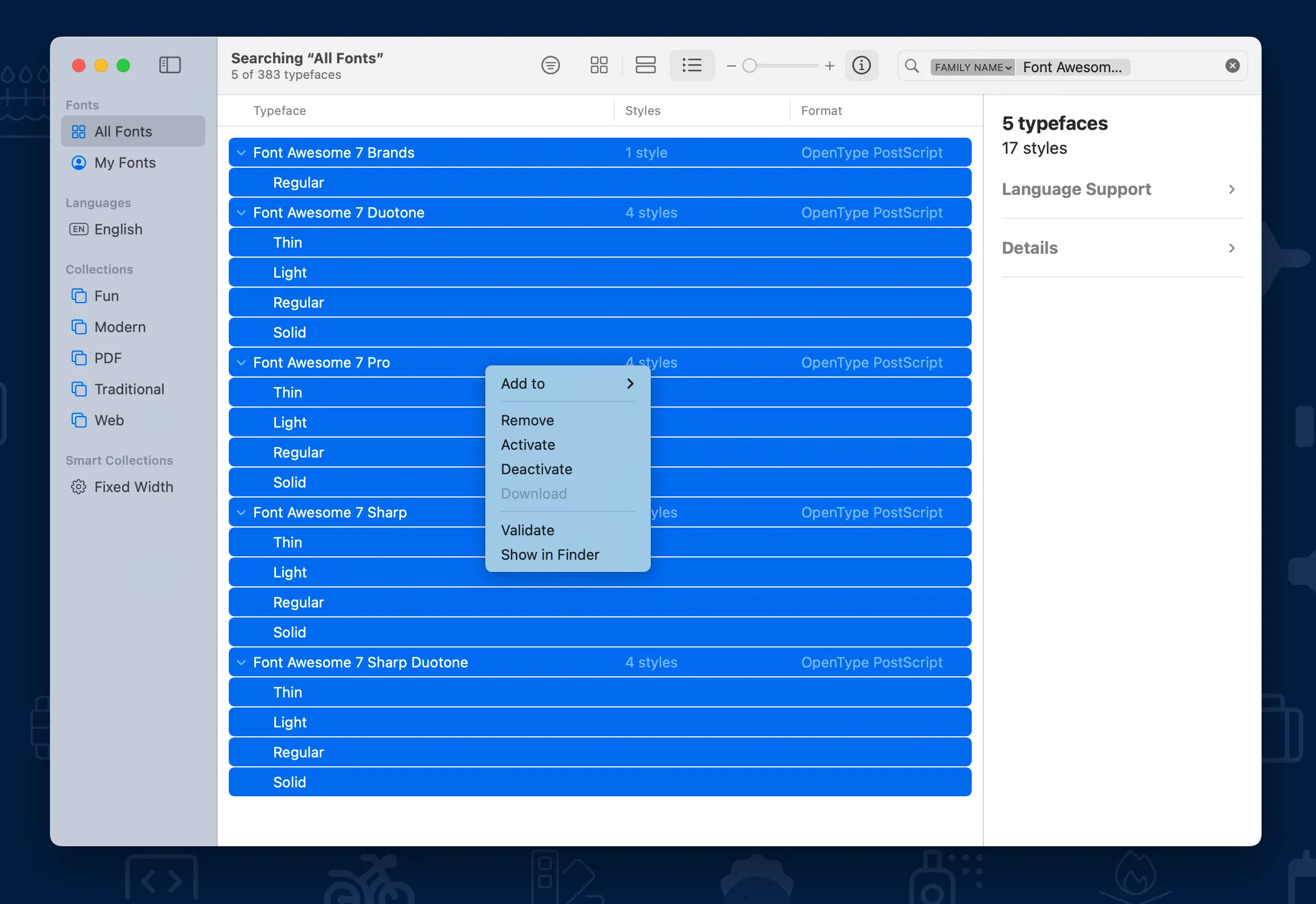 Font Awesome 7 fonts installed and being activated in Font Book on Mac OS X
