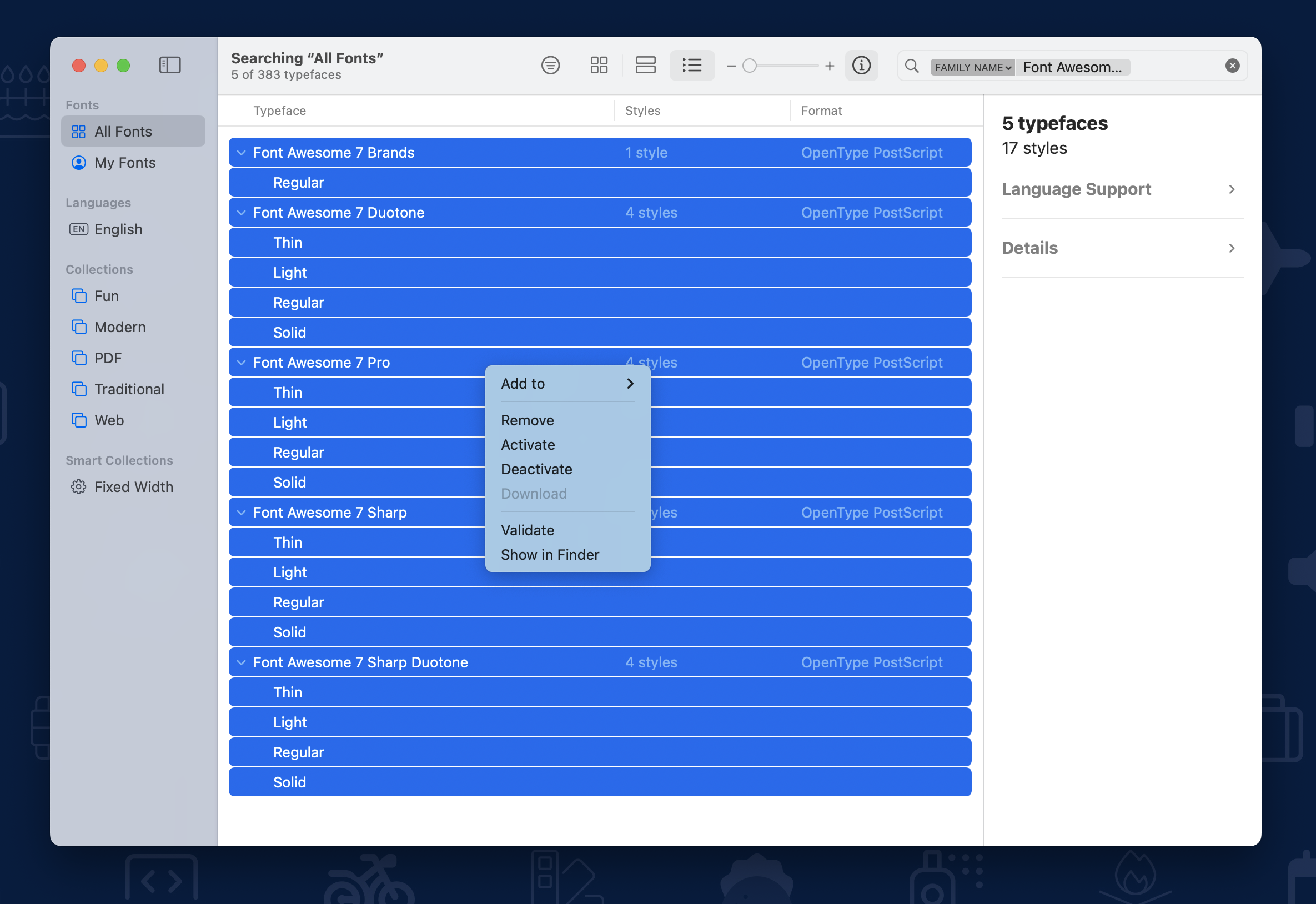 Font Awesome 7 fonts installed and being activated in Font Book on Mac OS X