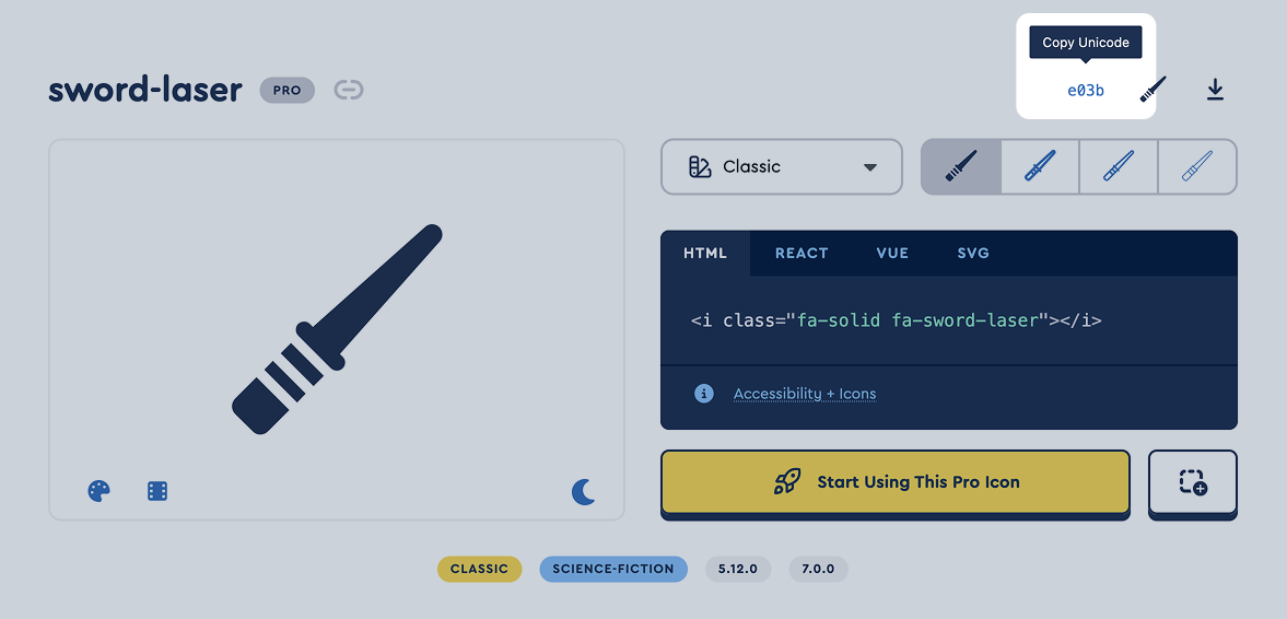 The unicode value highlighted in  the icon details on fontawesome.com