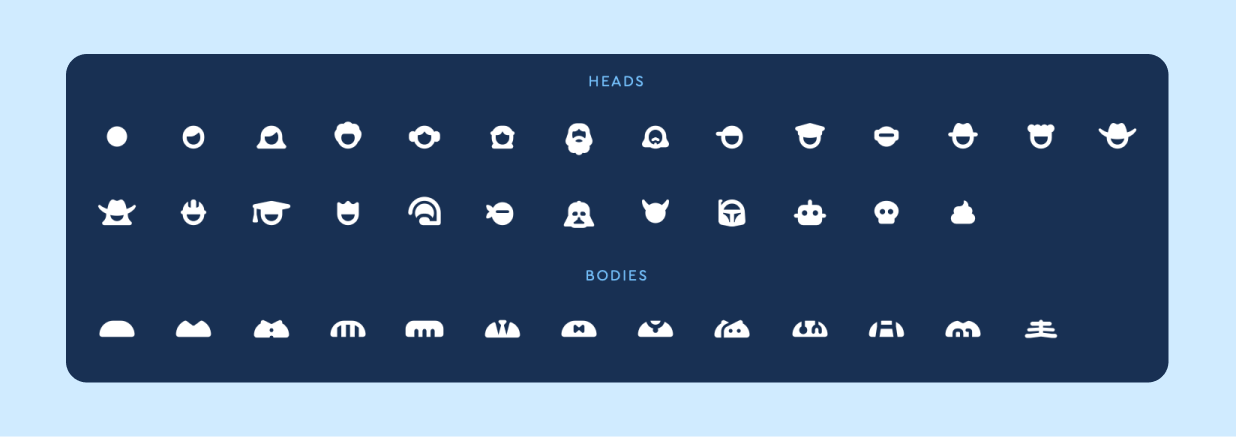 The User Blender chooser tab, with heads and bodies.