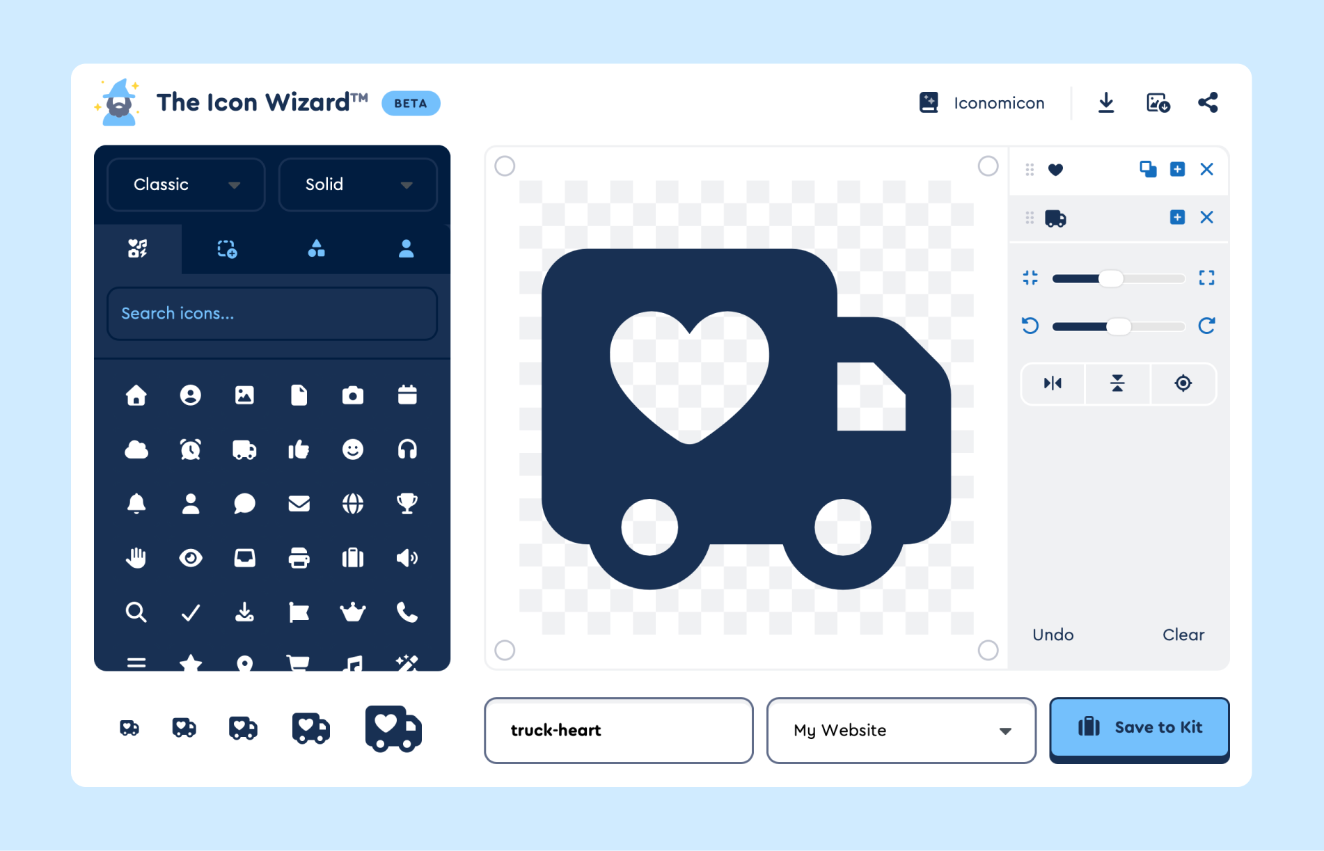 The Icon Wizard showing the chooser, layer canvas, and layer panel.