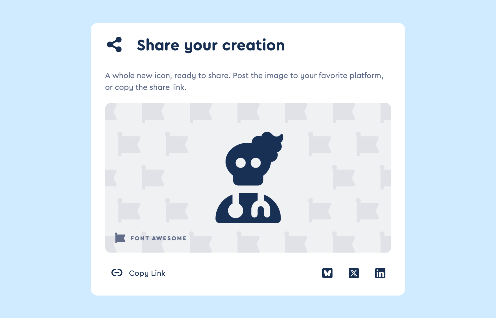 The share modal showing the rendered social card, the share action button row, and the share URL.