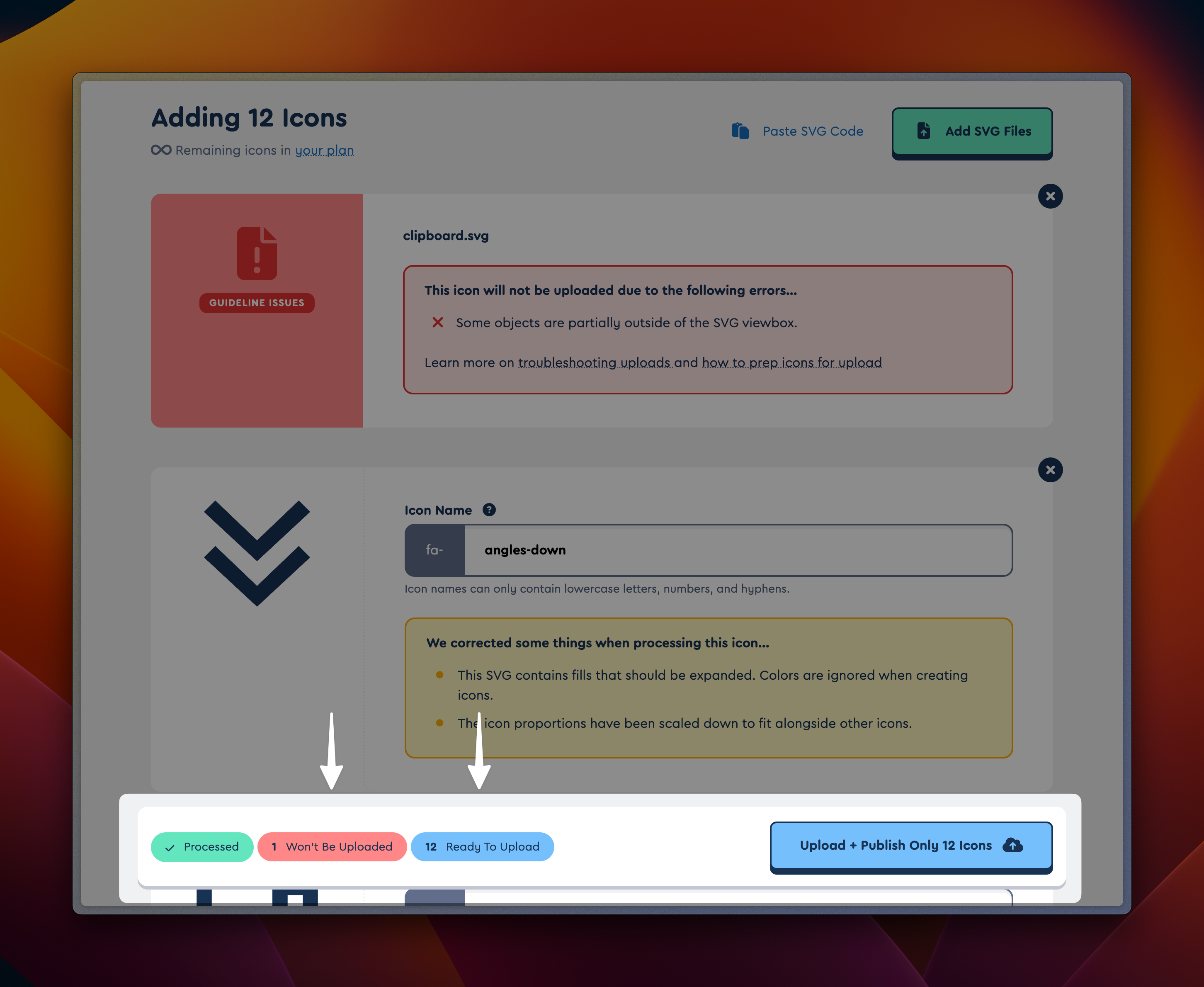 The results of selecting icons to upload