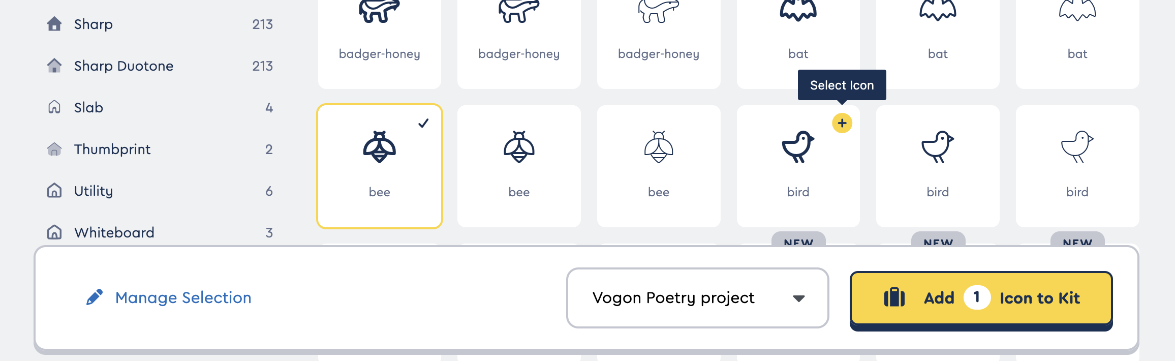 The Icon Grid Tray at the bottom of the icon browse page