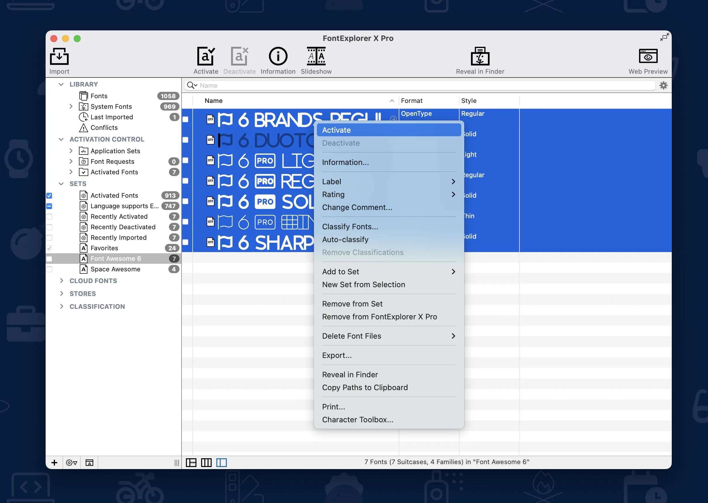 Font Awesome 6 installed and being activated in Font Explorer X on Mac OS X